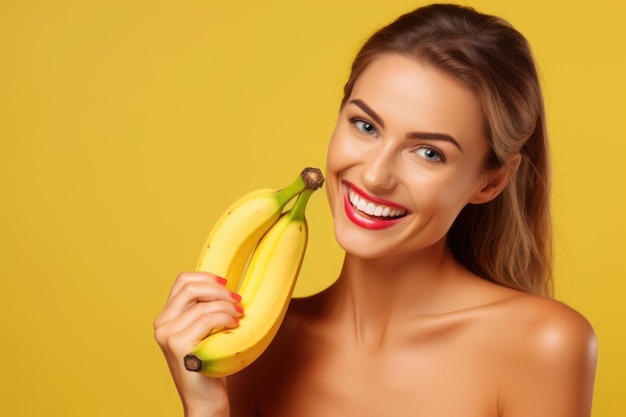 linda encantadora con una sonrisa radiante y dentada perfecta maquilladora degustando una rodaja de plátano helado