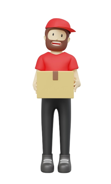 linda entrega 3d barba hombre empleado gorra roja camiseta en blanco uniforme sosteniendo un fondo de caja de cartón
