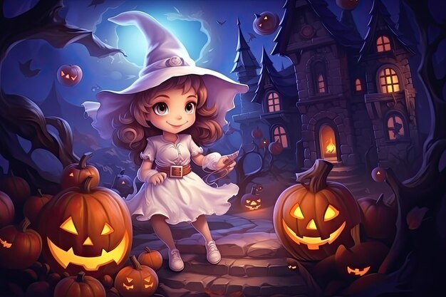 linda escena de halloween con bruja fantasma dulce hermoso estilo de dibujos animados generativo ai