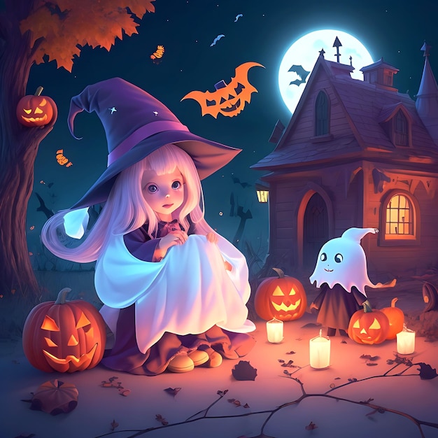 Linda escena de Halloween con caramelo de bruja fantasma hermoso estilo de dibujos animados Genarate en ai