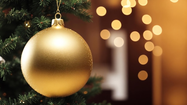 Linda esfera de Natal dourada e brilhante com fundo de Natal desfocado de luzes bokeh