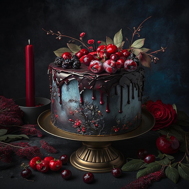 Linda estande de ouro bolos de casamento escuros imagens de flores vermelhas Arte gerada por IA