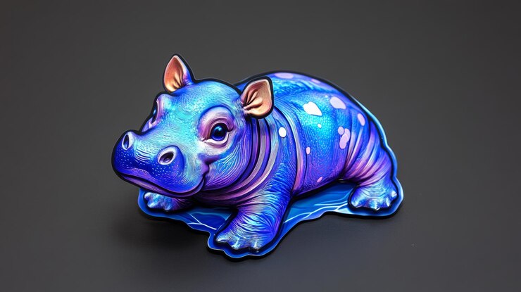 Foto una linda estatuilla de hipopótamo azul brillante sobre un fondo gris