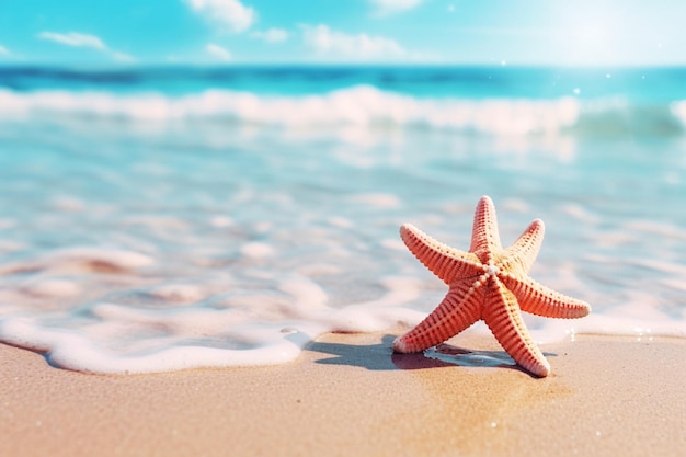 Linda estrela do mar descansando em uma praia arenosa, imagem facilmente detectável com IA generativa