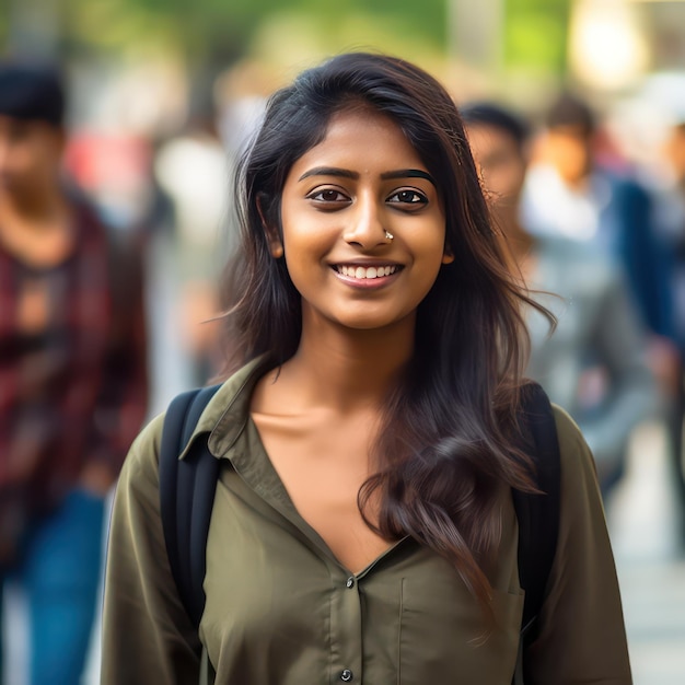 linda estudante universitária do sul da Índia sem mais ninguém em um fundo desfocado