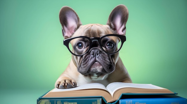 Foto linda estudiante de bulldog francés con gafas con una pila de libros imagen generada por ia