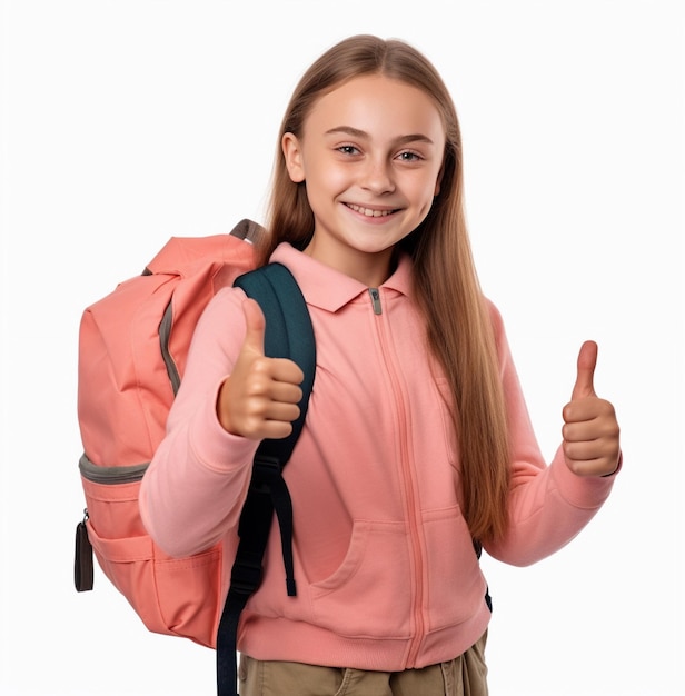 Linda estudiante chica haciendo Thumbs up sign