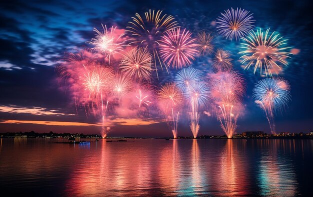 Linda exibição de fogos de artifício azuis e rosa ilumina o céu com uma exibição deslumbrante durante o ano novo