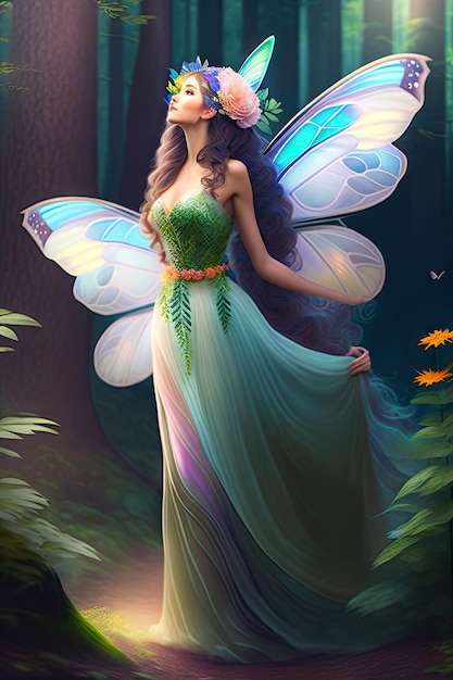 Linda fada com asas translúcidas em uma floresta mágica Pessoa inexistente