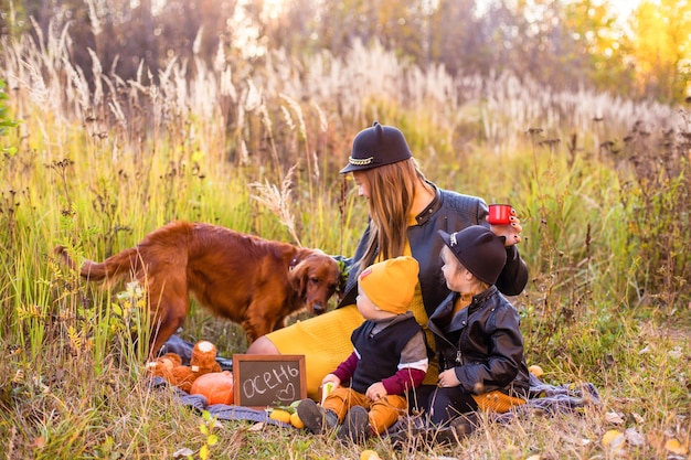 Foto linda família com um cachorro golden retriever em uma caminhada na natureza ensolarada de outono