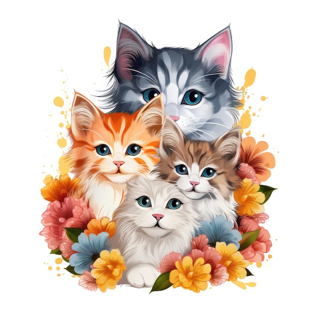 Una linda familia de gatos peludos juntos en flores sobre un fondo blanco