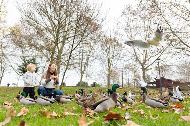 Una linda familia de una madre y su pequeño hijo disfrutando de su paseo por el parque con palomas y patos