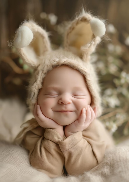 La linda felicidad del recién nacido en el gorro de orejas de conejo