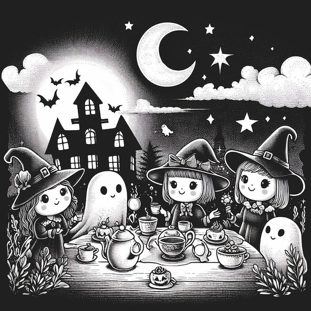 Linda festa de chá de Halloween de bruxas e fantasmas