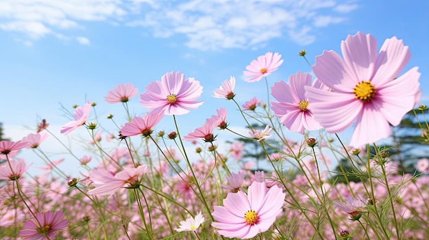 Linda flor cosmos em flor em um jardim exuberante com flores rosa e vegetação