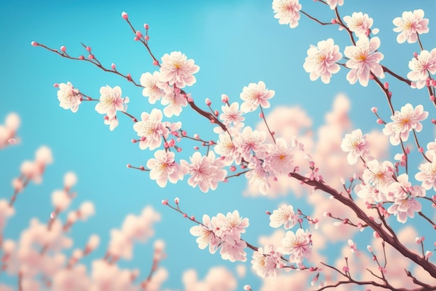 Linda flor de cerejeira ou galhos de árvores sakura no céu azul com fundo de espaço de cópia na primavera