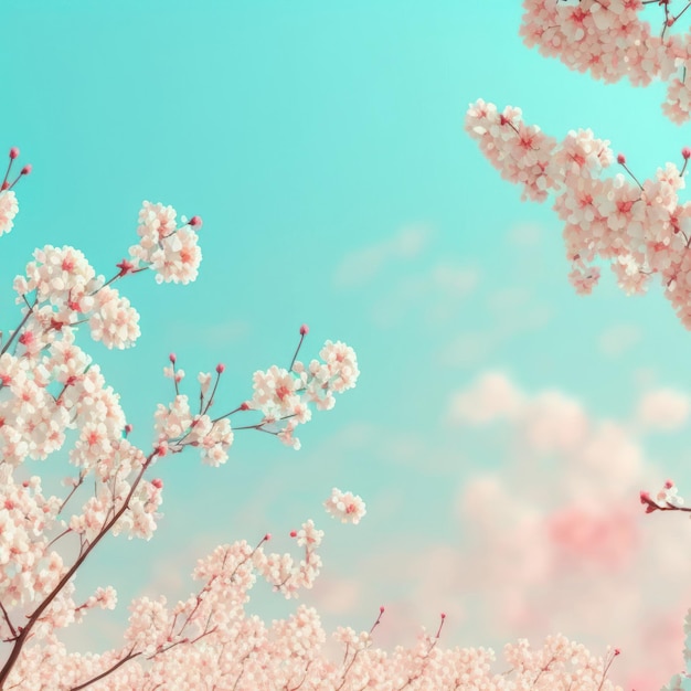 Linda flor de cerejeira ou galhos de árvores sakura no céu azul com fundo de espaço de cópia na primavera
