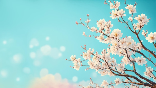 Linda flor de cerejeira ou galhos de árvores sakura no céu azul com fundo de espaço de cópia na primavera