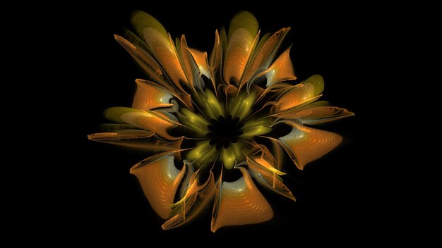 Linda flor de cor digital design de fantasia brilhando em 3d pétalas de flores abstratas em um fundo preto renderização em 3d