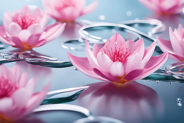 Linda flor de lótus rosa com reflexo no fundo da água azul