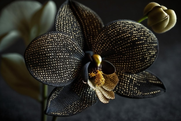 Linda flor de orquídea de malha com caule Vantablack com pétalas douradas e pretas brilhantes