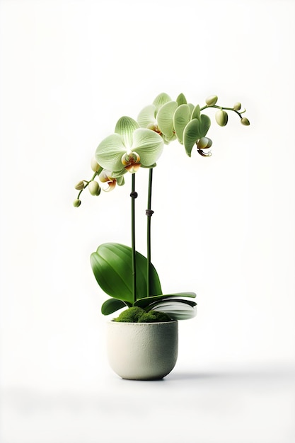 Linda flor de orquídea verde em pote de cerâmica no fundo branco