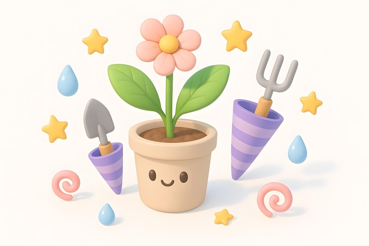 Foto linda flor de dibujos animados en una olla con herramientas de jardinería estrellas y gotas de agua