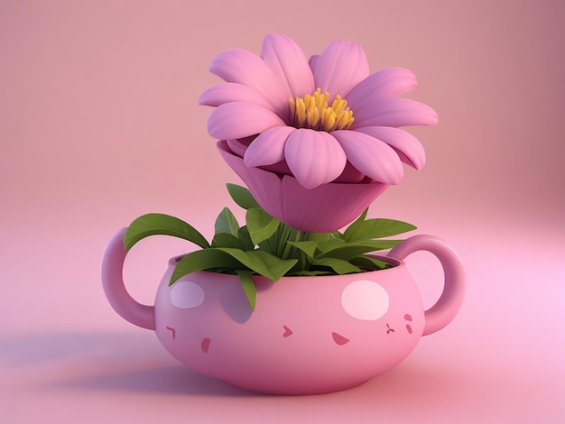 Linda flor rosa de dibujos animados en 3D en una maceta de Generate AI