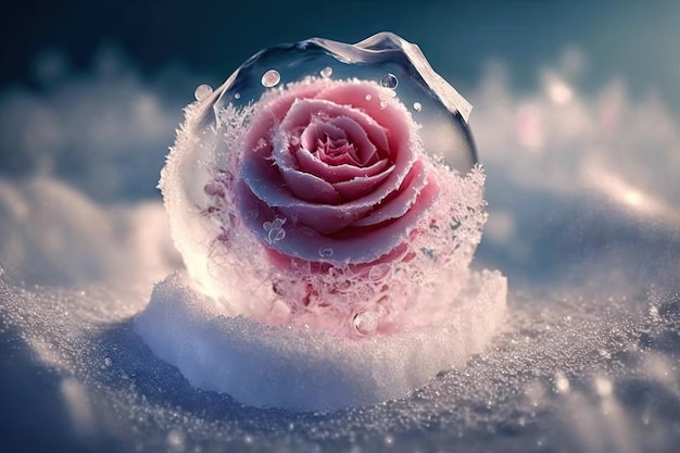 Linda flor rosa romántica rosa en cristales de hielo transparente fondo rosa congelada creada con gener