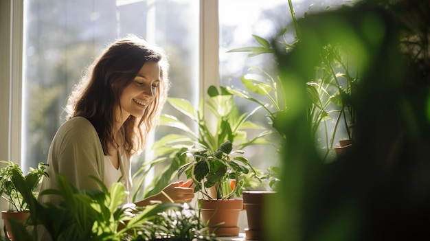 Foto linda florista cuidando de plantas