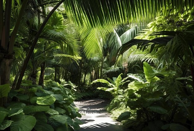 Linda folhagem de palmeiras tropicais exuberantes em um jardim botânico natural