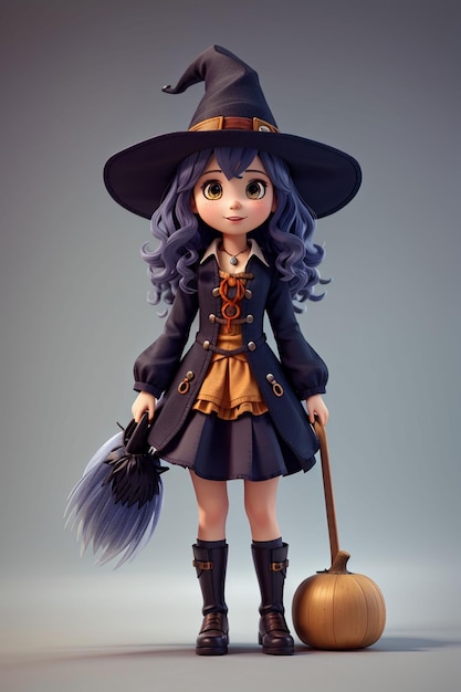 Linda garota 3D usando vestido de bruxa de Halloween