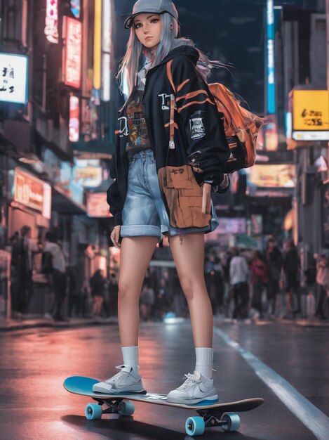 linda garota anime andando de skate na rua