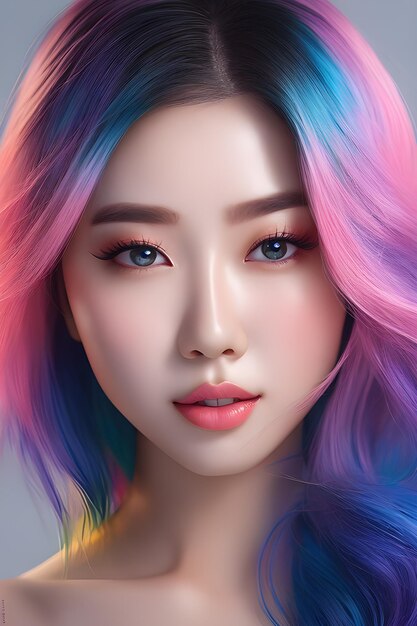 Linda garota asiática com cabelo arco-íris