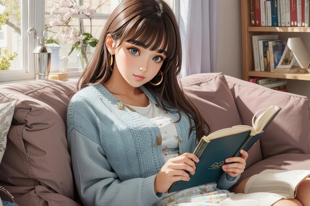 linda garota asiática lendo livro no sofá na sala de estar em casa