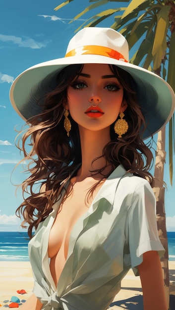 Linda garota asiática na praia usando chapéu