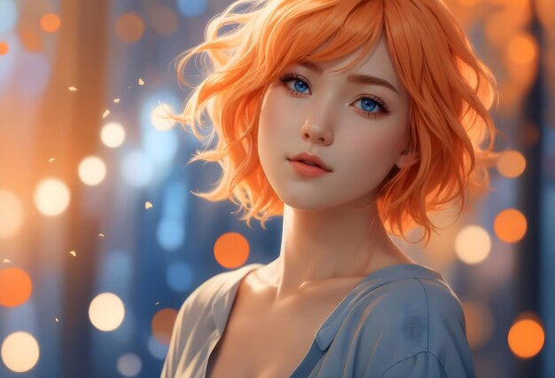 Linda garota caucasiana com olhos azuis e fundo de outono de cabelo laranja com folhas de laranja