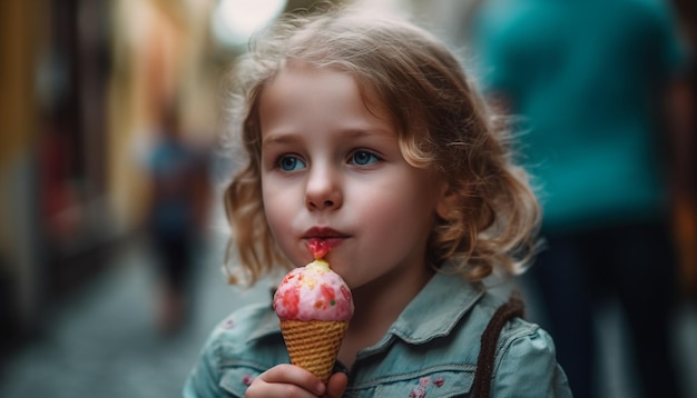 Linda garota caucasiana desfrutando de sorvete sorrindo com alegria ao ar livre gerada por IA