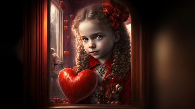 Linda garota caucasiana loira encaracolada com objeto em forma de coração vermelho parece rede neural expressiva