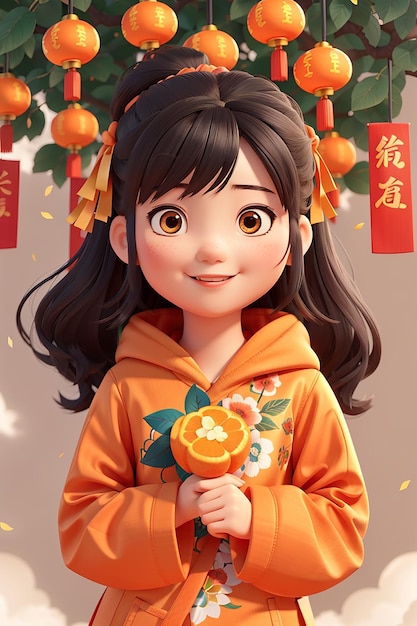 Linda garota chinesa segurando laranja chinês feliz ano chinês personagem festival celebração mão desenhada desenho animado ilustração de arte