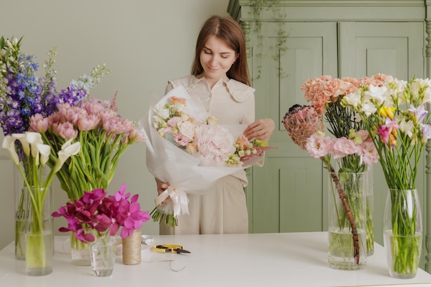 Linda garota coleta um buquê de flores em uma loja de flores