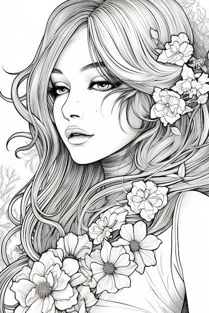 Linda garota com cabelo comprido e ilustração de flores para livro de colorir
