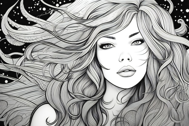 Linda garota com cabelo comprido Ilustração desenhada à mão em preto e branco