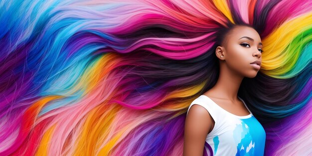 Linda garota com cabelos coloridos Jovem mulher afro-americana com penteado tingido de arco-íris Rosto feminino no fundo de cachos coloridos esvoaçantes Corte de cabelo profissional e coloração Generative AI