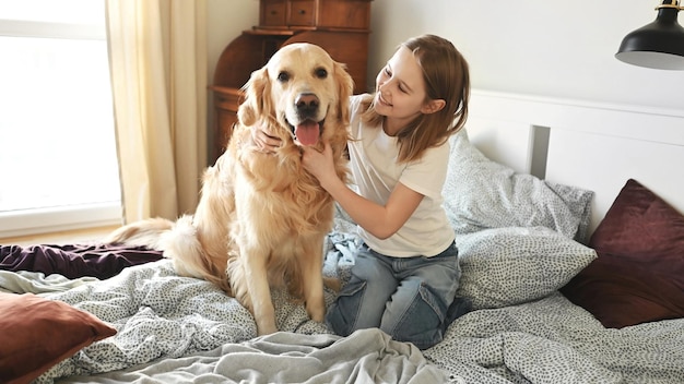 Linda garota com cão retriever dourado na cama