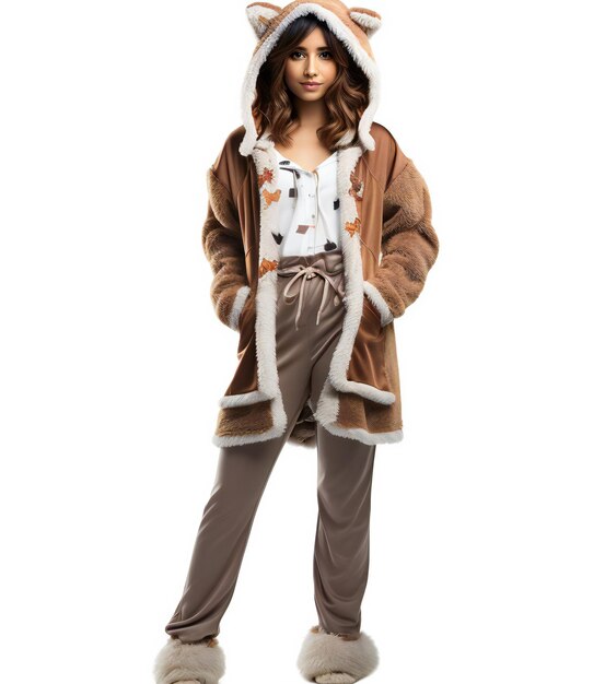 Linda garota com casaco de pele com orelhas de raposa isoladas em fundo branco