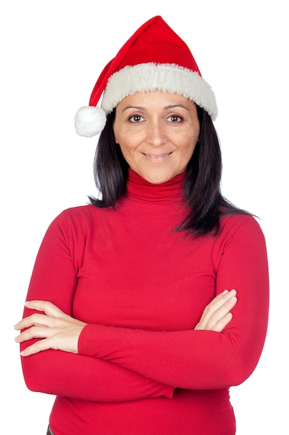 Linda garota com chapéu de Natal em um over branco fundo