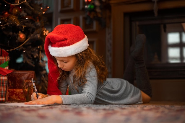 Linda garota com chapéu de Papai Noel escrevendo uma carta para o Papai Noel no Natal decorada sala de estar vista de perto