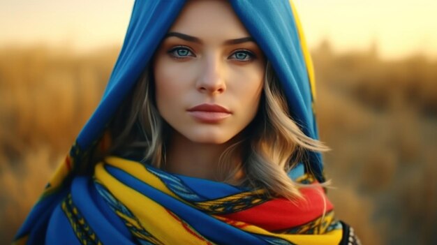 Foto linda garota com elementos de roupa na cor do céu amarelo-azul da bandeira ucraniana