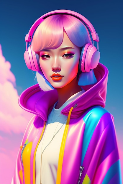 Linda garota com fones de ouvido e jaqueta rosa